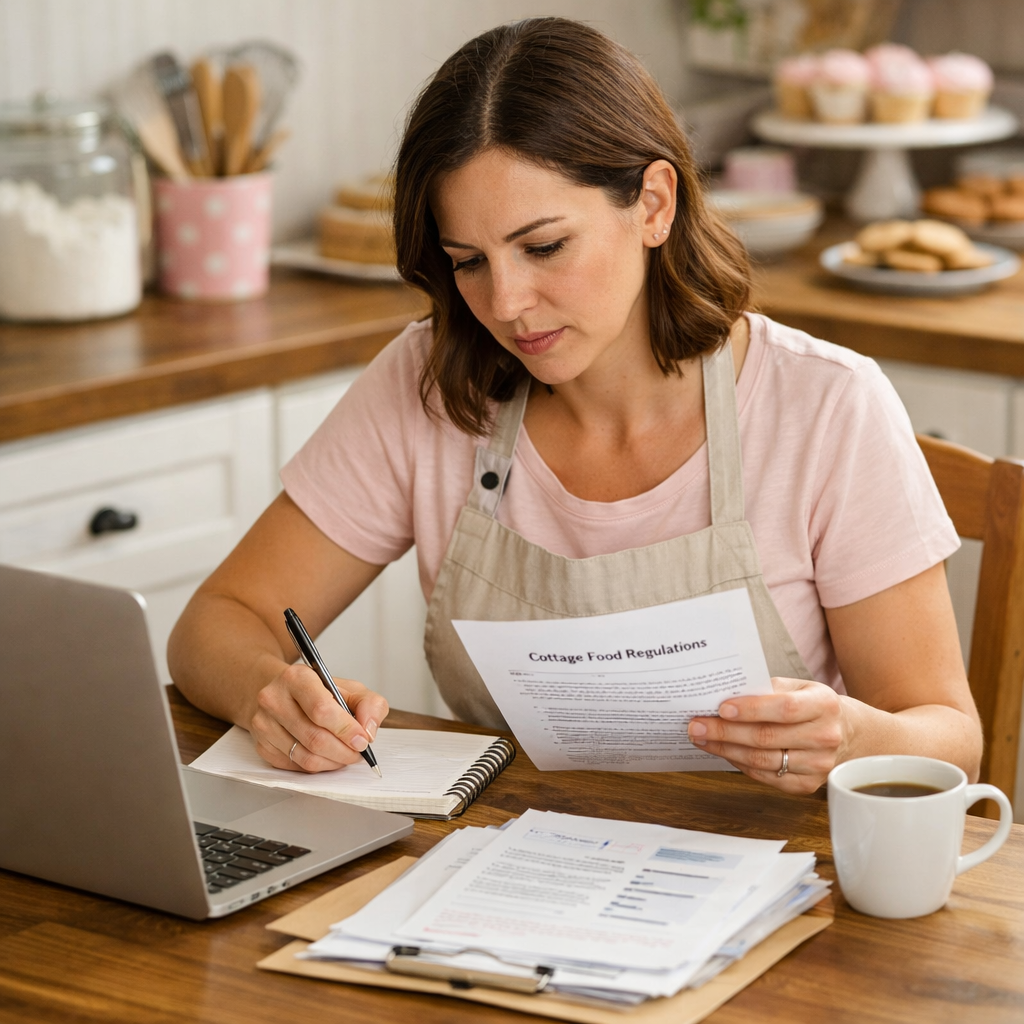 Home baker reviewing cottage food law requirements at a kitchen table with a laptop and notepad