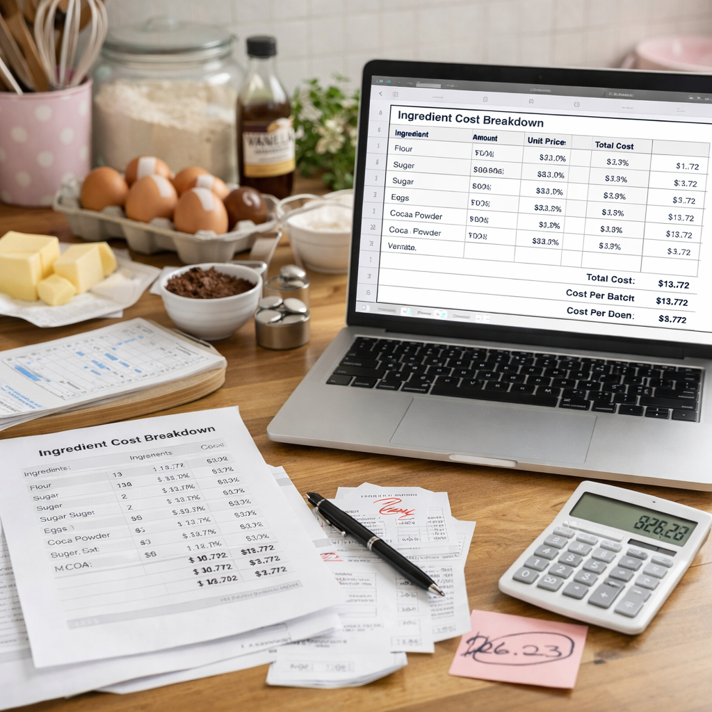 Home baker using a laptop to calculate cake pricing with ingredient costs spread on the kitchen counter