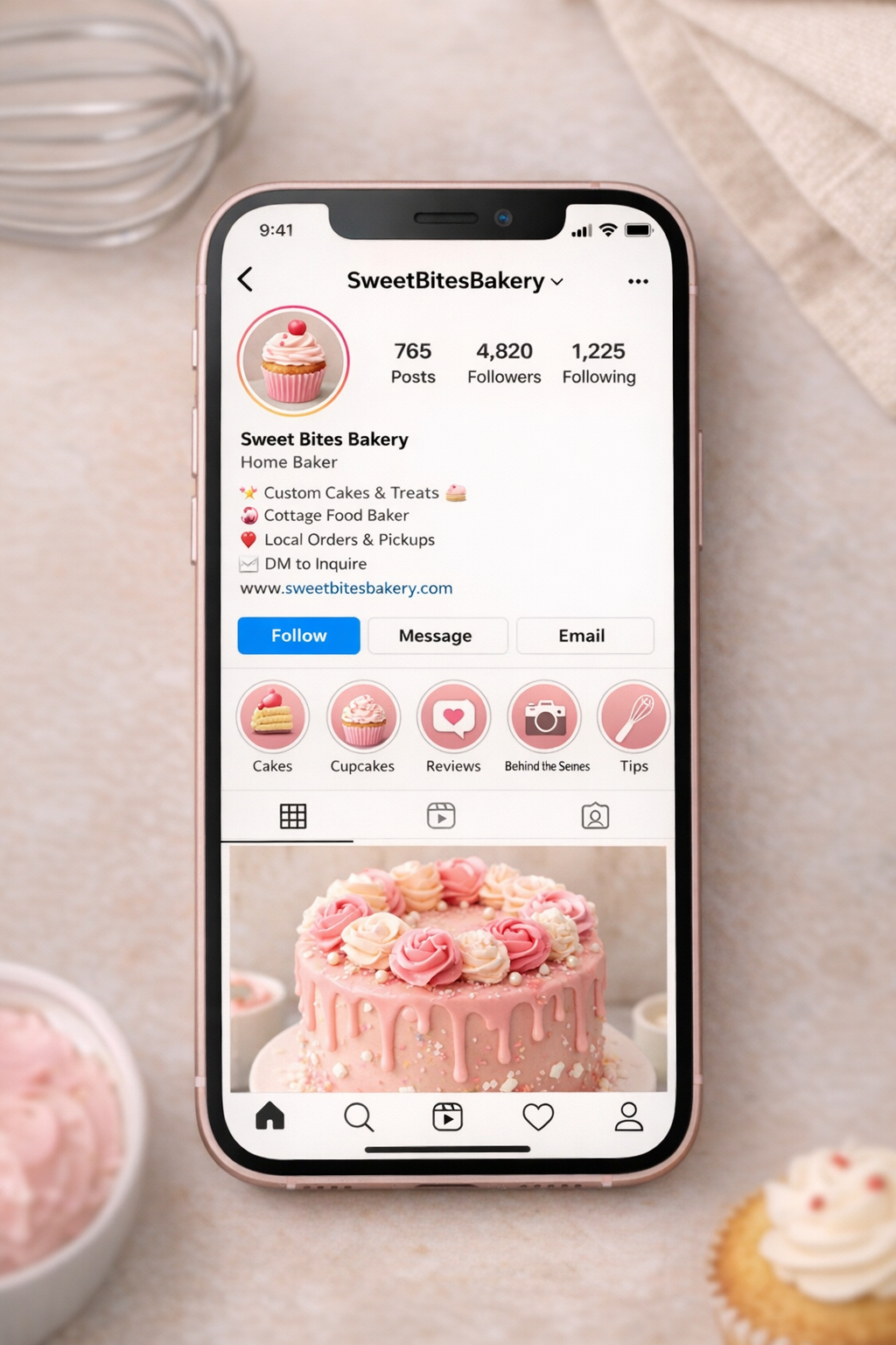 Home baker photographing a custom decorated cake on a white marble surface for Instagram