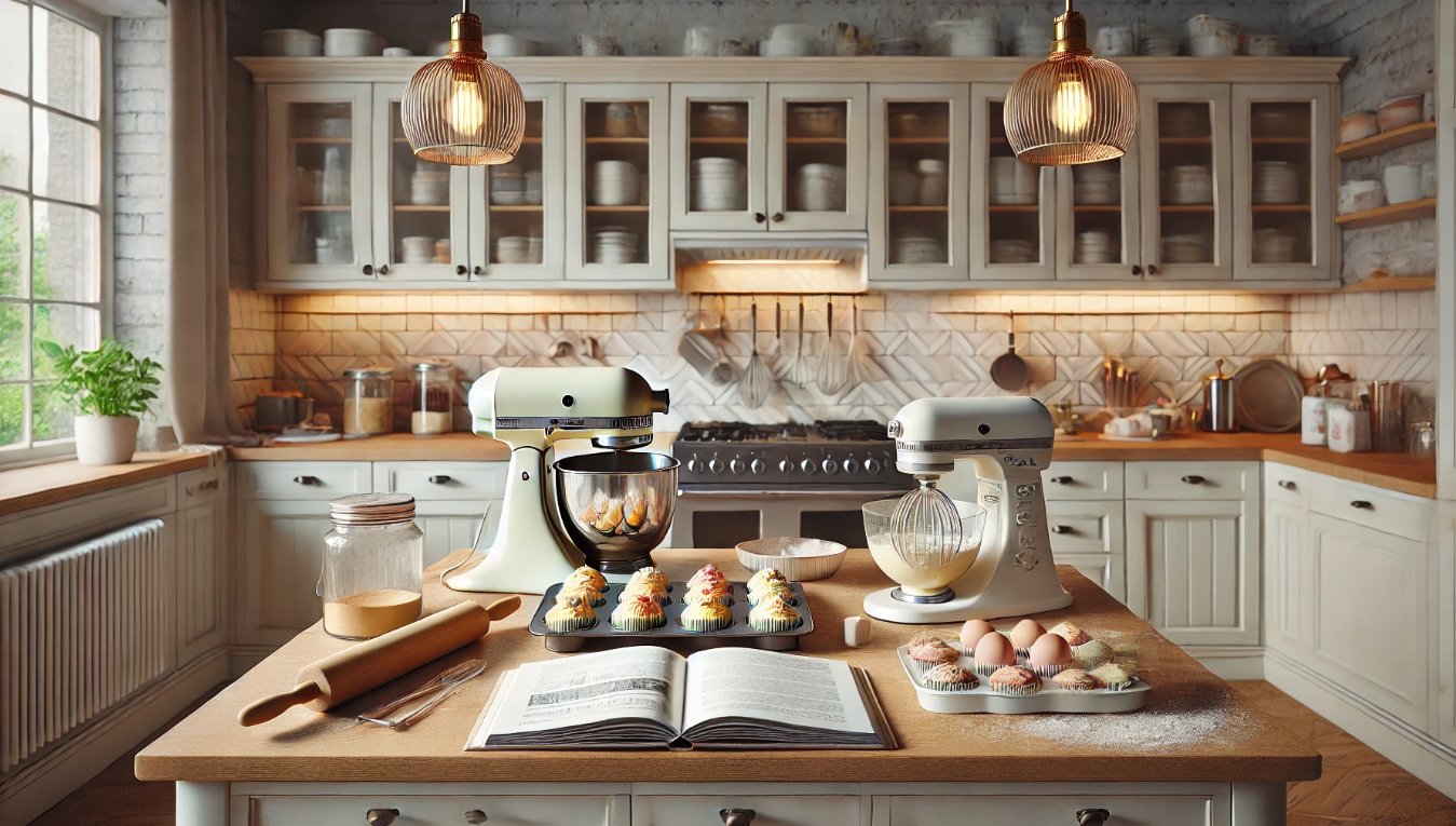 Organized home bakery kitchen with labeled ingredient containers, baking equipment on shelves, and a clean prep workspace