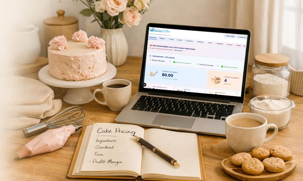 Baker with laptop and cakes